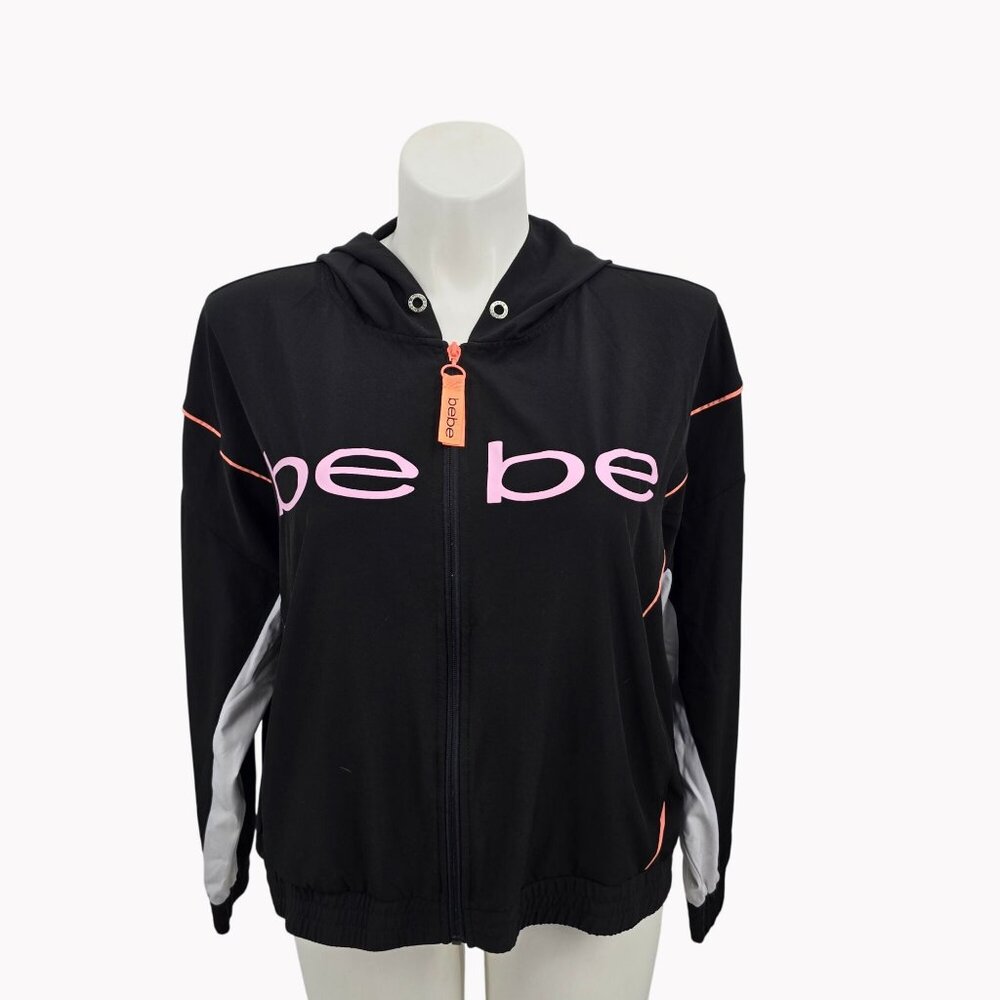 Bebe Sport Womens 2X Black Hooded Zip Up Jacket Polyester Spandex Blend